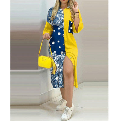 Fashion Shirt Skirt Contrast Color Loose Print Spring And Summer New Dress Women