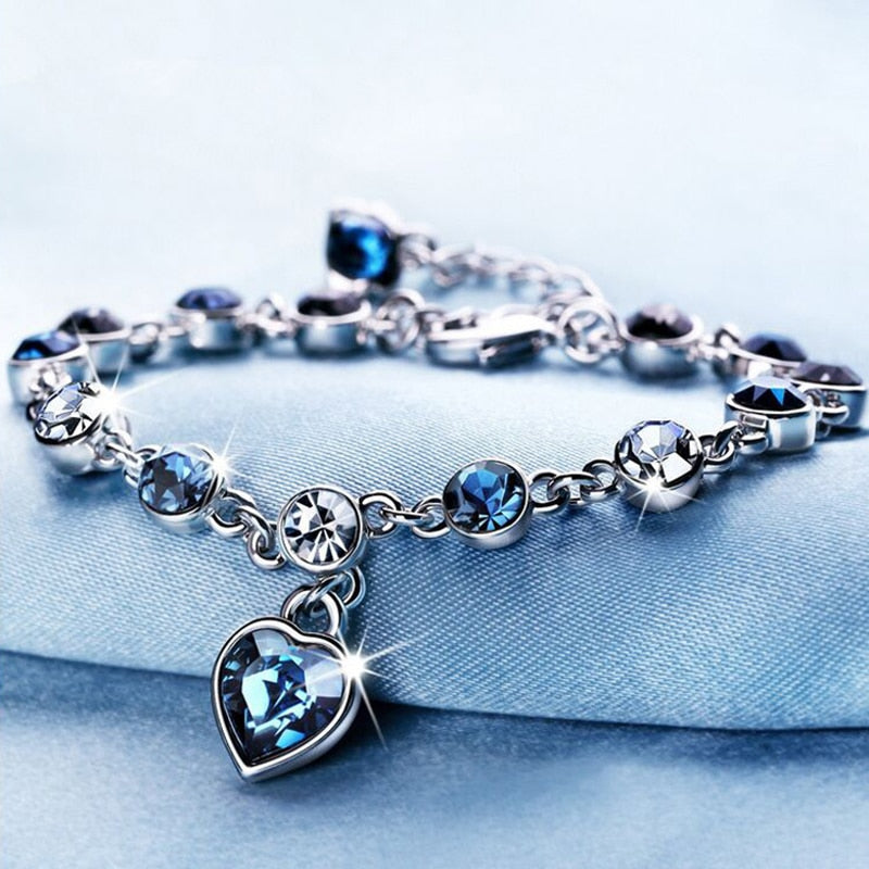 Blue Crystal Heart Charm Bracelet