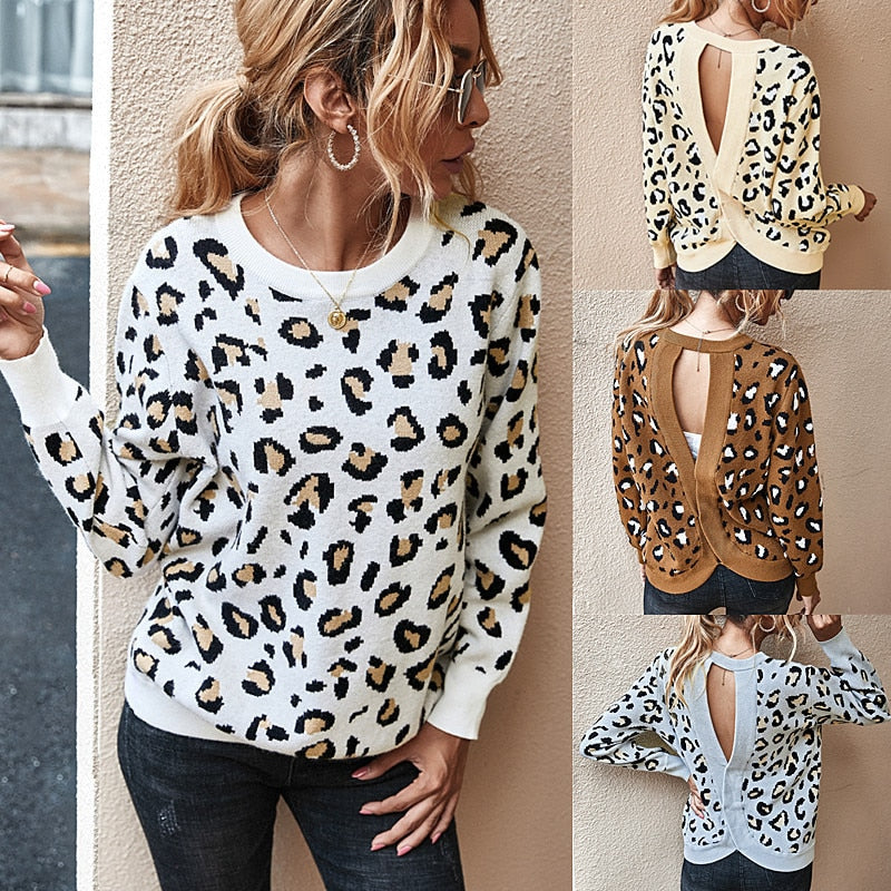 Sexy Open Back Leopard Sweater Women